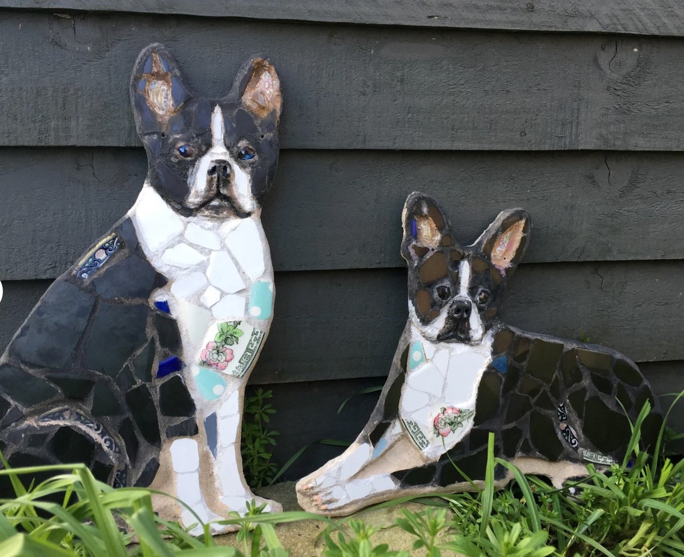 Pair of mosaic Boston terriers with floral porcelain detailing