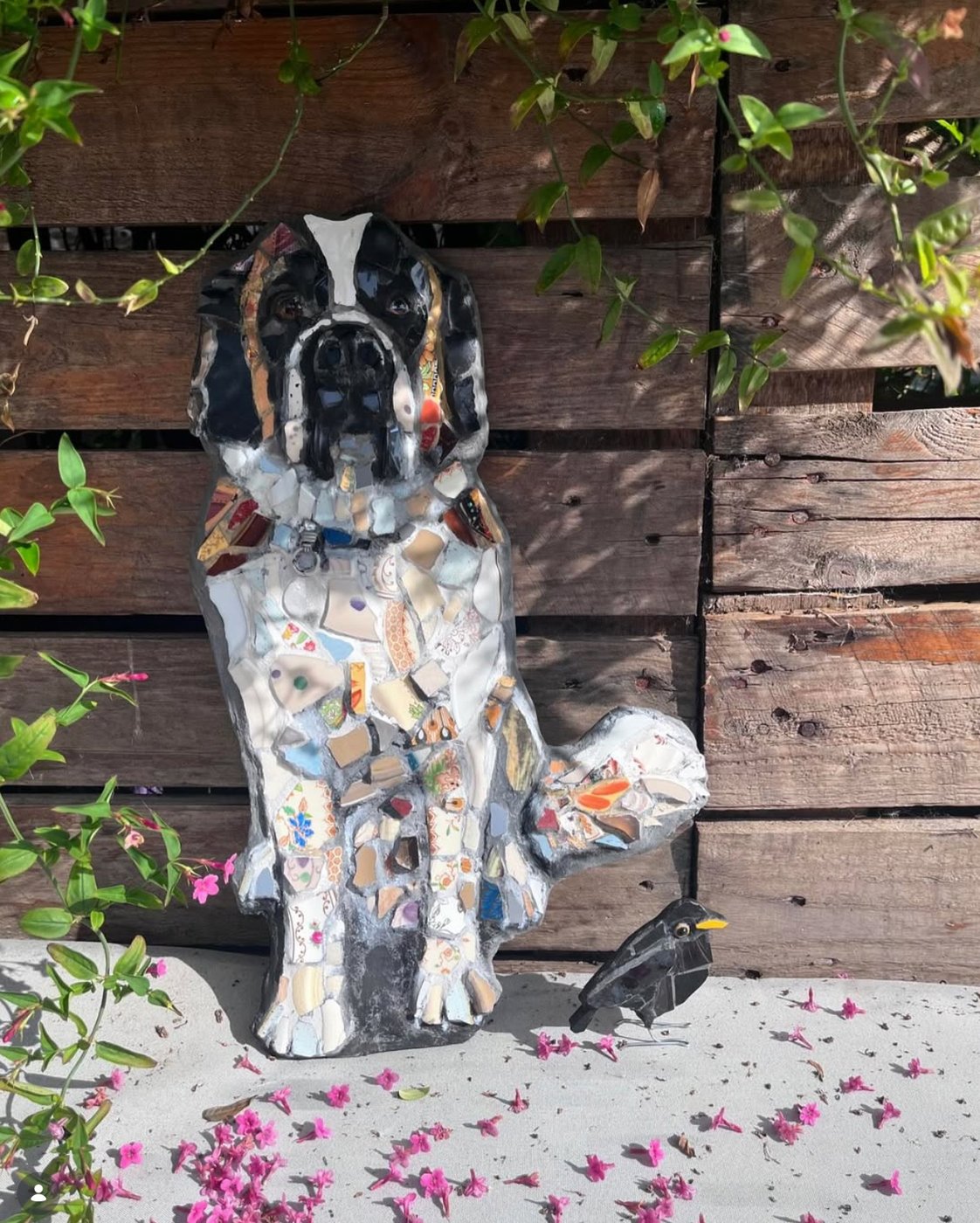 Life-sized mosaic St Bernard in a Suffolk garden